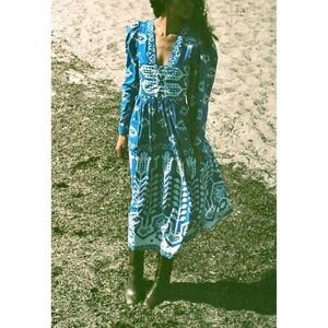 SEA New York Midi Blue Long-Sleeve Sonia Lace-Up Dress